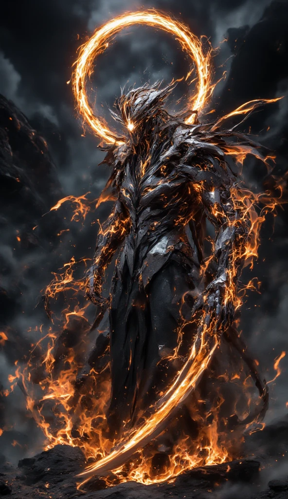 A towering, skeletal figure stands over 20 feet tall, its bony frame wreathed in flickering, ethereal flames. Its elongated, misshapen skull has hollow, sunken eye sockets that seem to pierce the soul. Wisps of smoke curl from between its exposed, jagged teeth. Massive, clawed hands tipped with razor-sharp phalanges hang at its sides, radiating intense heat. As it moves, the ground trembles beneath its thunderous steps, leaving a trail of smoldering destruction in its wake.