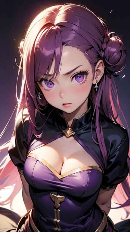 1 Girl, Blunt bangs, Braiding, Wide sleeves, hair ornaments, Red Belt, (Purple Hair:1.2), Very long hair, Straight hair, Looking at the audience, Highly detailed background, (Realistic:1.2), Beautiful Eyes, Red eyeshadow, Written boundary depth,thigh, (Urzan-6500:0.7), Upper Body, (alone:1.2), Cleavage, Shiny skin、(bicycle)