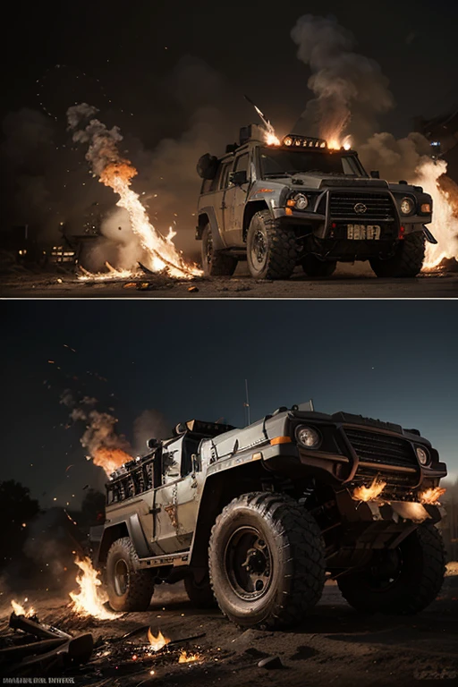 a faraway gwm tank 300 vanishes to black smoke, dark style, vivid colors, sharp focus,ultra realistic illustration,hyperrealistic,best quality, high quality, masterpiece, ultra-detailed, highly detailed, 8k, pixabay, wide shot <lora:car_gwm_lora_rank128_sdl-v10:0.7>