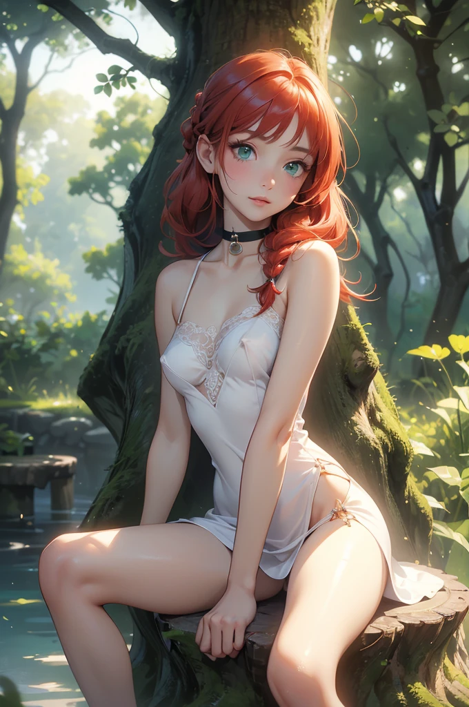 Lovely woman under drizzle, (elegant, Pretty Face), Transparent white dress, Forest Moss, (freckle:0.8), Flower field, , Red curly hair, Magical atmosphere, (short hair), ((Delicate skin, Texture)), Ultra Detailed, (Complex details, Fine details, Ultra Detailed), Ray Tracing, Subsurface scattering, (Fantasy underworld background), Diffuse soft light, Shallow depth of field, go through (Oliver Waite), Clear focus bokeh, (Realistic photo quality:1.4)