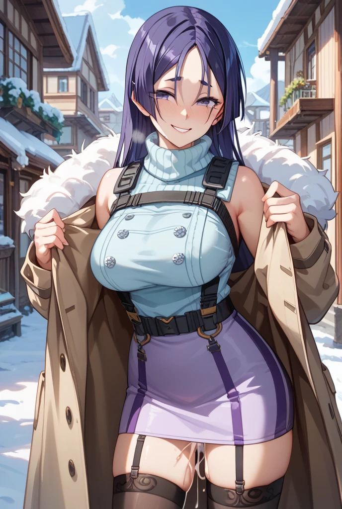 masterpiece, score_9, score_8_up, score_7_up, source_anime, best quality, extremely detailed, 1girl, milf, solo, seiten, (huge breasts:1.2), ((((purple hair), very long hair, red eyes, pointy ears))), purple lips, (((blue coat, turtleneck sweater, long sleeves, long skirt))), ((naughty smile), closed mouth), ((tokyo street, winter, snowing))