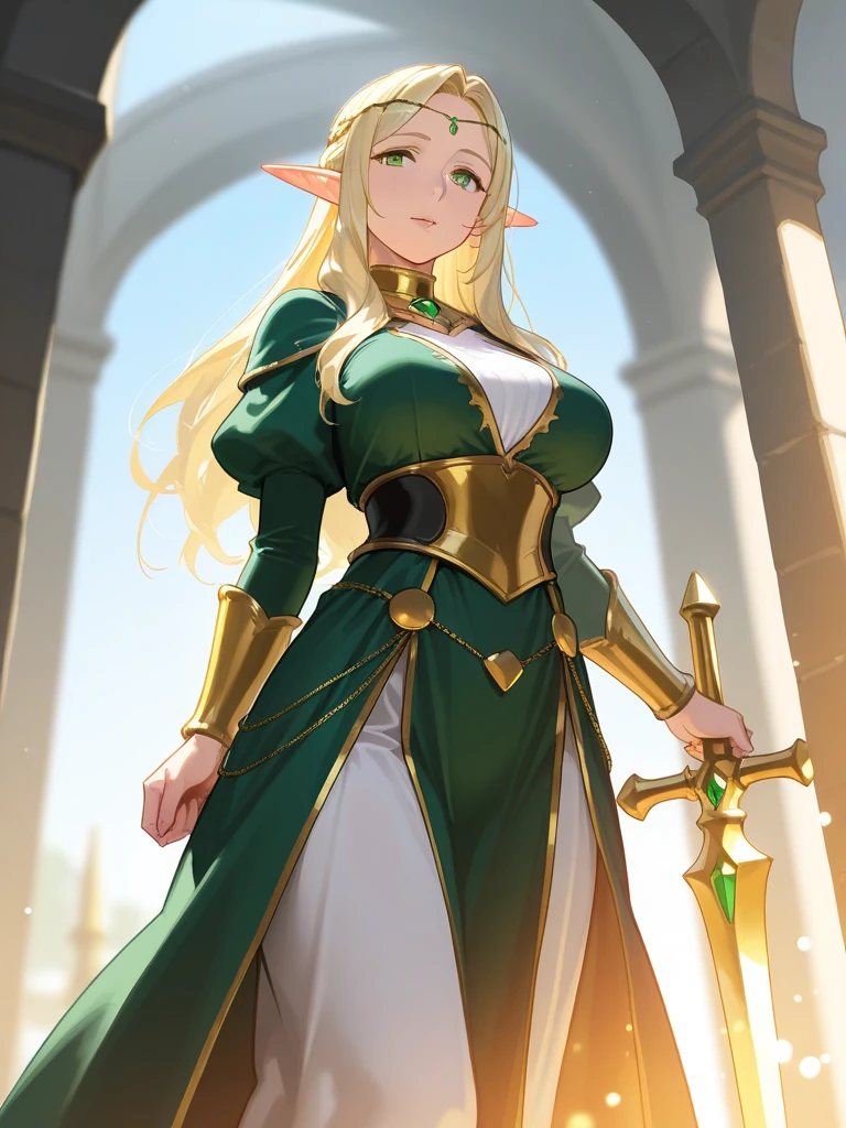 female elf royal paladin, fairy crest, breast exposed, golden and silver color armor with fairy icon and steel battle armor skirt, short design hand silver glove, golden color cape, golden belt, huge magic circle behind, pauldron in fairy style, silver color bracelet, ((right hand holding silver color huge board sword and left hand holding silver color huge shield 1:1.3)), multicolor golden and green color hair, empress aura, glowing green color pupil, masterpieces, solo, extreme pupil detail, fantasy mythic art, movie lighting, original character, heavy make up, holy glowing and windy effect, figure body shape, church background, standing still