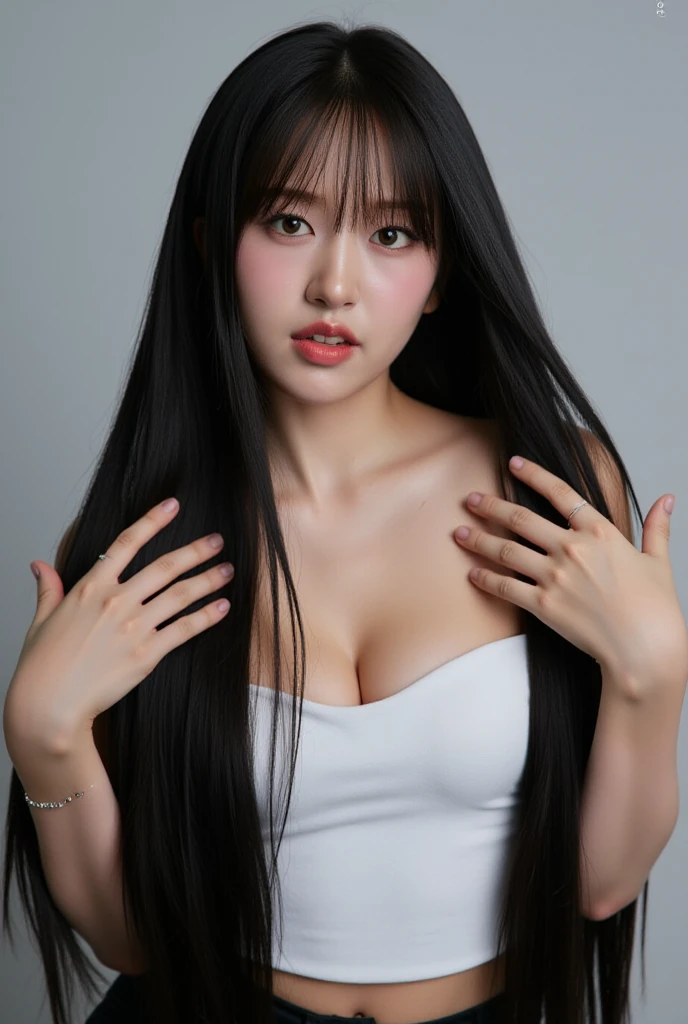 ((Highest quality, 8K, masterpiece :1.3)), whole body, Sharp focus :1.2, ((Long black hair, Big Breasts :1.2)), Korean Beauty、 years old、Highly detailed face and skin texture, double eyelid, Large and realistic bust、Bursting breasts、Are fat、Beautiful appearance、smile、Sexy basketball player、 the basketball court、Large and realistic bust、Bursting breasts、The valley is visible、