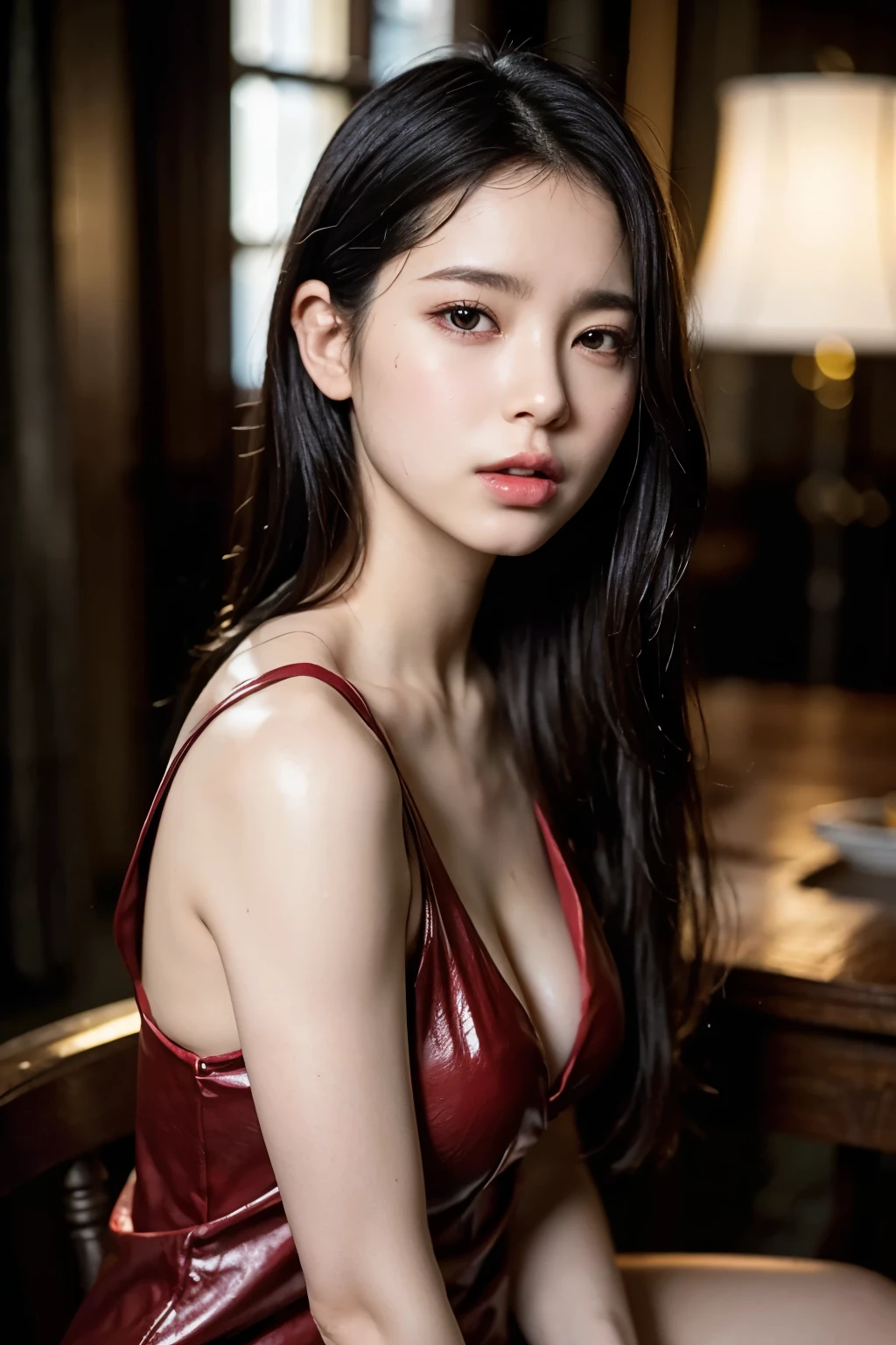 (Wearing wet thin long t-shirt), Very cute and baby-like face, Power puff girl, Naked, Angry pose, Angry face, (((BROWN HAIR MALAY GIRL))), masutepiece, High quality, UHD 45K, Realistic face, Realistic skin feeling , A Japanese Lady, 8 years old, , Very cute and baby-like face, (((FLAT CHEST))), (MATRIX WORLD), ((look In front at the camera and SADNESS)), with bionic arms in steampunk fashion, red corset, captured in ultra high resolution with photorealistic and beautiful lighting. This masterpiece is of the best quality and is set against a zentangle, (((CUTE GIRL))), ((RED LIPS)), ((NUDE)), ((CHUBBY)), ((UNDRESS)). Working on an oil rig in the middle of the city street