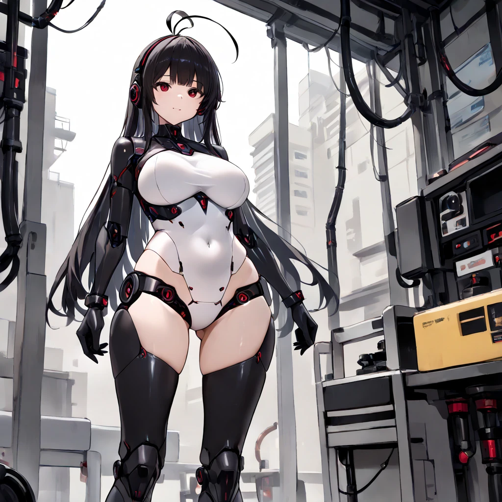 Mechanical girl，(gigantic cleavage breasts:1.2)，Black bandage，Wrapped bandages all over the body，black long hair，Mechanical helmets，sandals，stand posture，Full body like，Para cobrir seu rosto，Gas masks，Black slingshot swimsuit，exposing your navel，Expose the armpits，white backgrounid，simplebackground