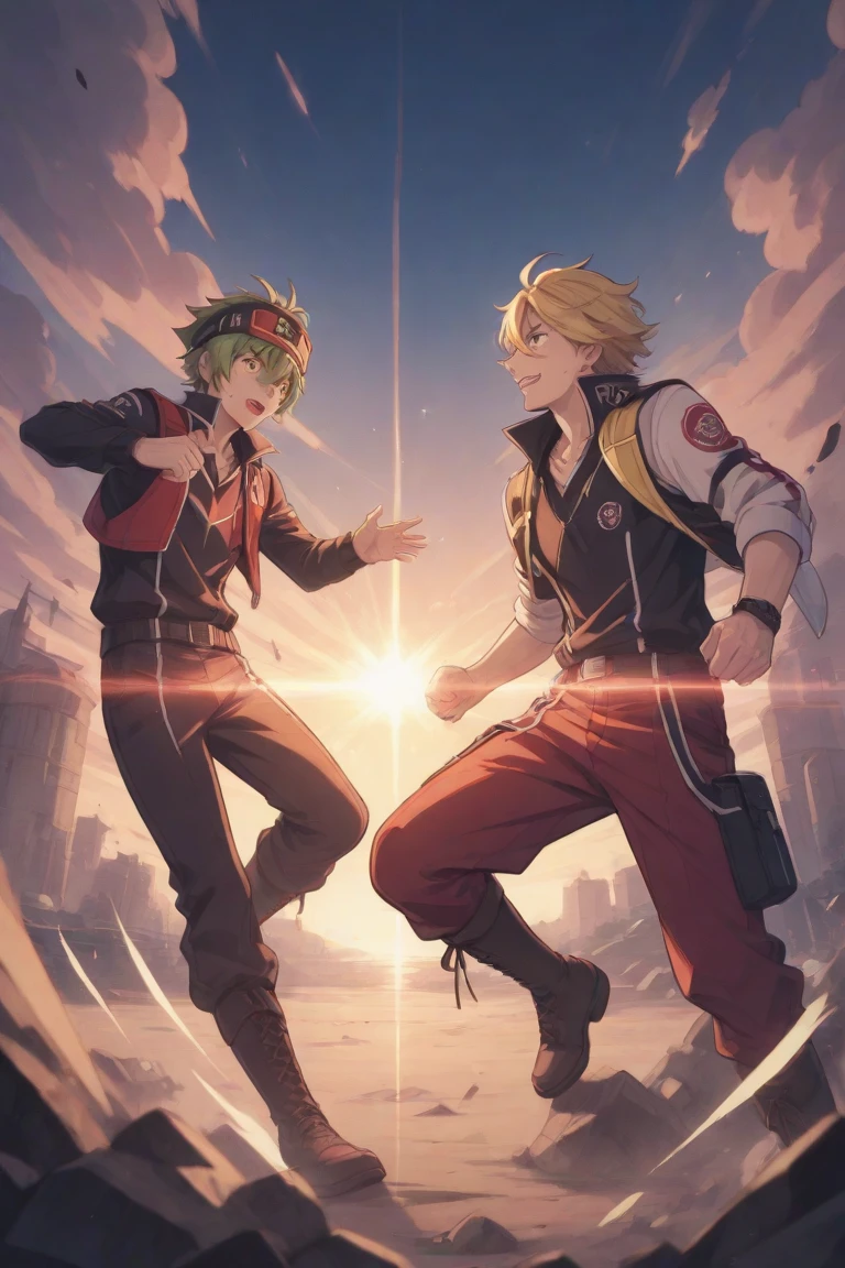 One Boy,Yellow hair,Students have short hair on their heads,shonen,Red eyes,There are small tiger teeth in the mouth,Red overalls,There are bandages on the hands,There are small red devil horns on the head,Devil wings