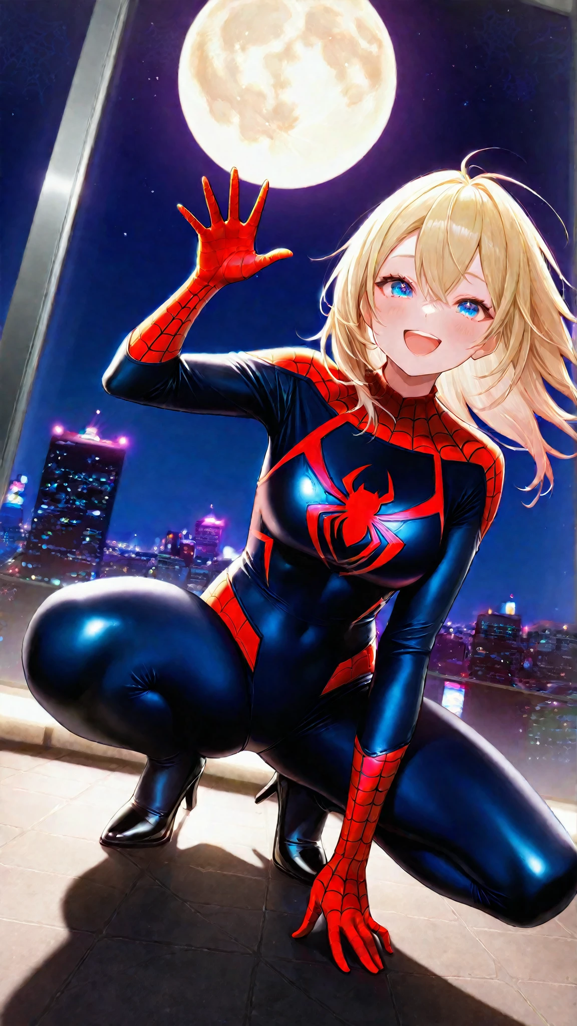 (((Official art,superfine illustration,hight resolution, masutepiece, best qualtiy,Best Quality,)))hightquality, detaileds, (A little boy),12 years old, A young spiderman idol with a cute face.,beautiful boy like a superhero、 Standing, Cool handsome face with smile, White Tennis Shoes、 Long legs, thighs thighs thighs thighs, Foots, Bulge, (blonde hair、)、 Short,spiky hair、Shiny hair, boy with sharp eyes, (Tight, Shiny hero suit、), tussock, Cool pose, (太いthighs thighs thighs thighs,Big buttocks),(((Intersections in the city)))、Puffiness in the crotch area、((cocky、))、Smirk、Spread legs,Ultra-fine painting, (Best Quality, 4K, 8K, hight resolution, masutepiece:1.2),(((Being aware of the sexual gaze of middle-aged gay men)))、Service Shots、 Show off your crotch、Leather Long Gloves、