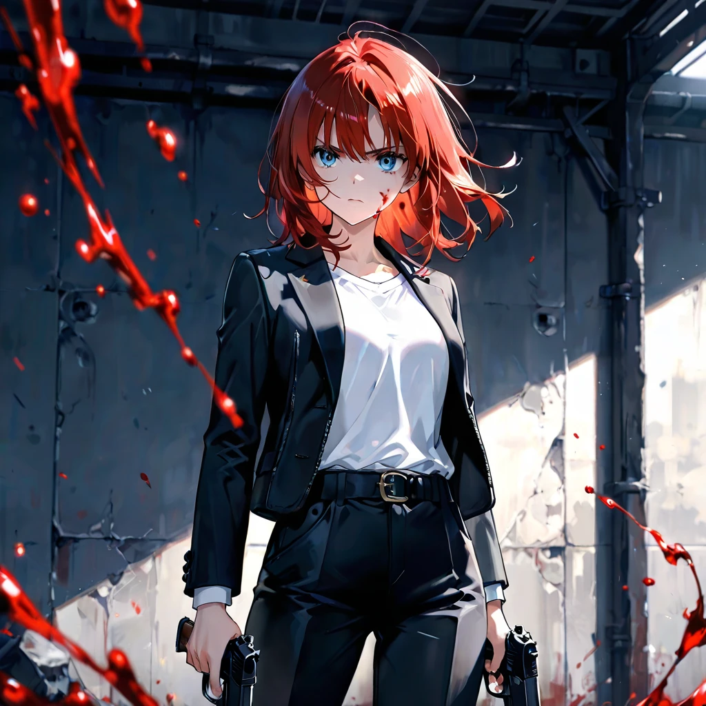 blue eyes,　Red Hair、boy１people、In the spotlight, The background is a dark and desolate landscape, Horror movie atmosphere. Emphasizing the dark and crazy elements. Skillfully expressing the effects of light and shadow, detailed, The face and expression of the black costume are also carefully drawn.....,(Tilt your head:1.2), ([sketch|watercolor \(Moderate\)]:1.15),Chaotic abstract background, Vector Trace, Gradient blending and whole body, Artistic elements add depth to the work. The overall atmosphere is creepy and nightmarish....., With a unique artistic touch. This movie is、The dark and crazy world of horror movies depicted in HD., Evoke visual stimuli and aesthetic sense