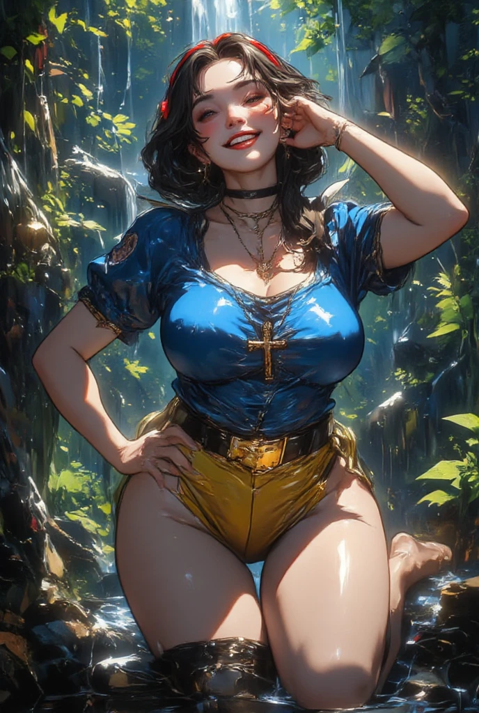 A very beautiful young woman stands in the water of a river and screams with joy with her hands raised. (Good Composition) (Obra de arte) (Arte expresivo). (Pechos masivos gigantes)
