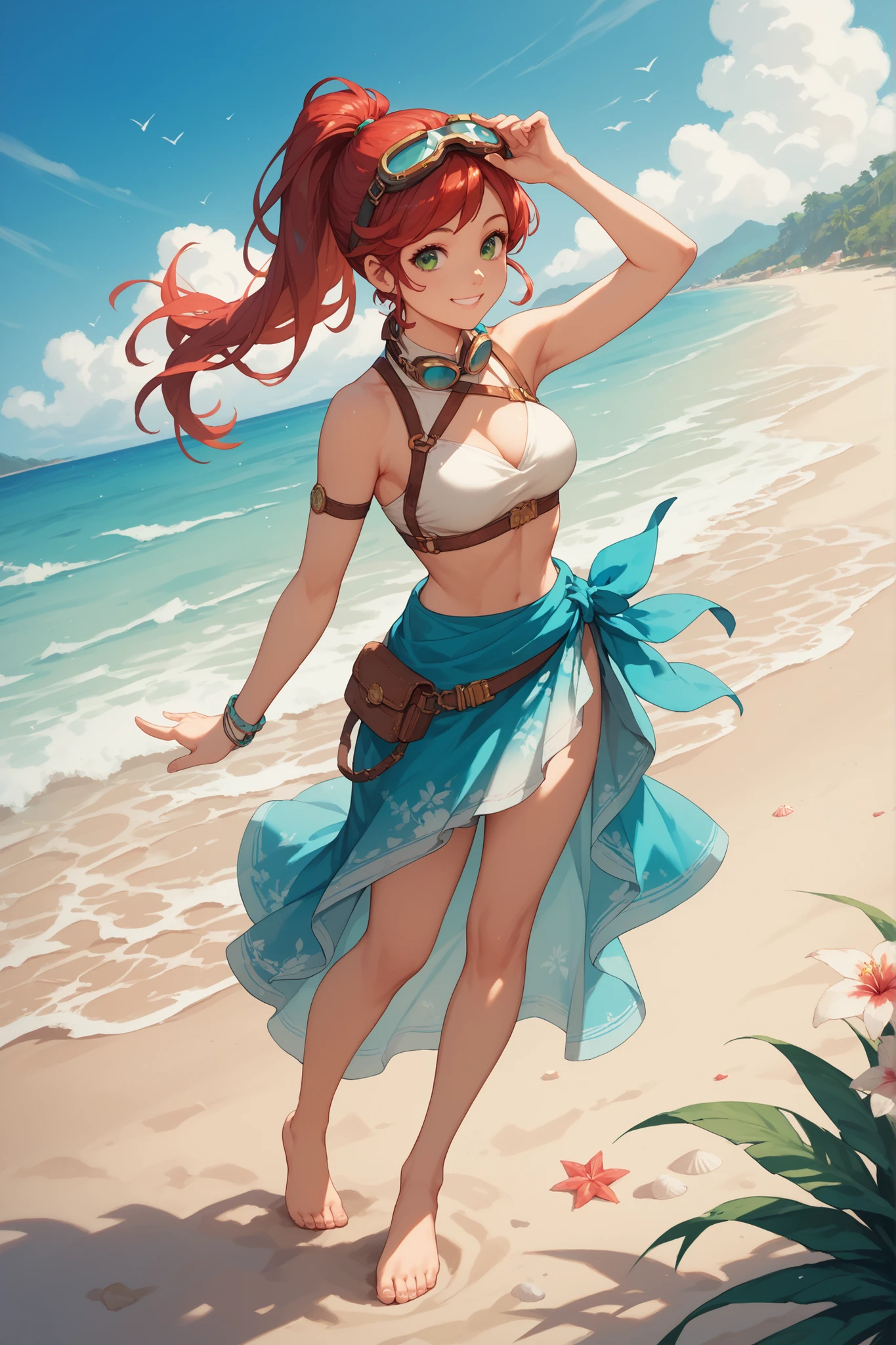 score_9,score_8_up,score_7_up,score_6_up,score_5_up,score_4_up BREAK source_anime,<lora:Princess_Peach_Shiny_Style_V2:0.6>,1girl,blush,(shiny skin:0.7),skinny,choker,outdoors,beach,bloom,pose,ocean,sand,palm tree,sunset,medium breasts,smile,cute,<lora:RikkuX_XLPD:0.9>,RikkuX2,blue headband,yellow bikini,scarf,skirt,navel,detached sleeves,bikini top only,