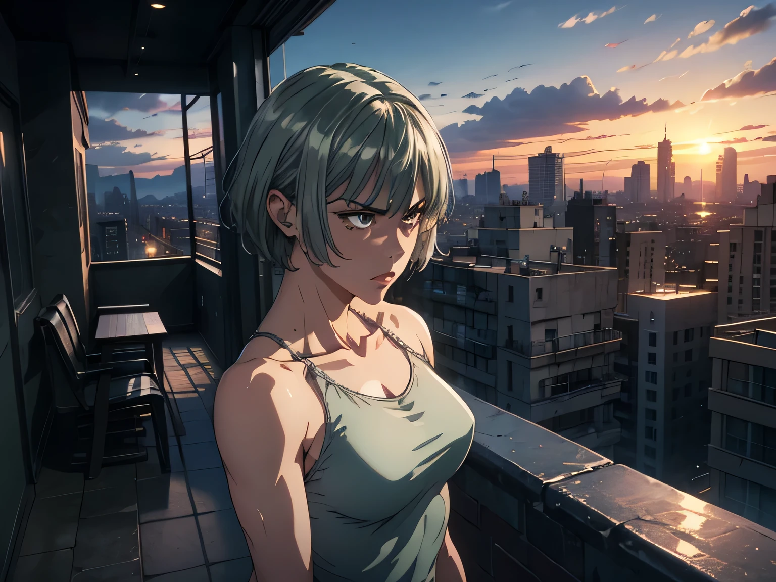 nsfw、HD Images、high definition、One woman、((Apartment veranda at dusk))、Very beautiful sunset scene、((greenish silver hair))、angry expression、Stern expression、muscular body、(small breasts)、((greenish silver hair))、her hair is fluttering in the wind、((Big city dusk))、bright transparent camisole、black short tight skirt、silver pendant、(( women stand shyly ))、blue-purple sky 、sunset、Strong backlighting、 Skyscrapers