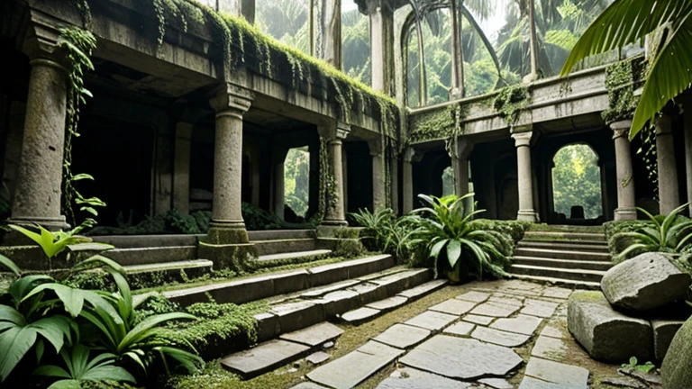 An ancient, enigmatic city near the coast of a mysterious continent, believed to be one of the oldest remnants of human civilization. The city is long abandoned, with towering structures and majestic constructions reduced to ruins. Gigantic buildings, once symbols of human achievement, are entwined with vines and overgrown with foliage. The city's stone pathways are cracked and weathered, with roots weaving through the cobblestones. Despite the ravages of time, remnants of colossal arches and intricate carvings remain, showcasing the city's former magnificence. Moss-covered statues, worn and eroded, stand as silent sentinels, their expressions frozen in time. The city is located near the coast, suggesting it was a vital center for maritime activity. The scene exudes a sense of mystery, with the ruins shrouded in fog and the distant sound of waves crashing against the shore, adding to the haunting atmosphere of this lost city.