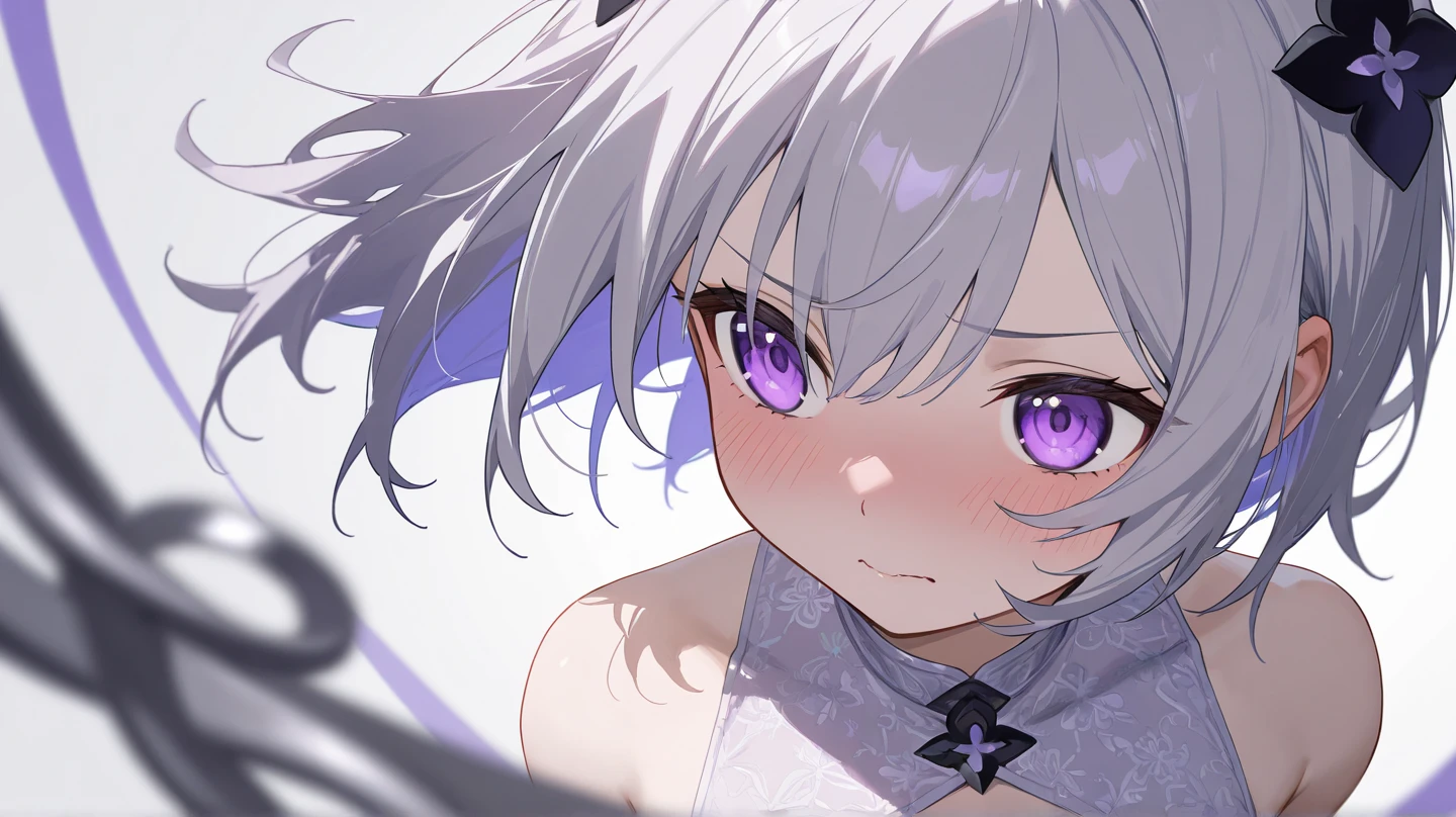 (muste piece), (best quality), (score_9, score_8_up, score_7_up), very detailed eyes, expressive eyes, perfect face, very detailed face, highly detailed face, beautiful girl, 8K, beautiful girl, (white background), delicate and beautiful face and eyes, dark intense shadow, Ultra-high resolution, Movie Lighting, (Fuji Color: 1.2) portrait,
1 girl, vtuber style, cool girl, hololive, vtuber,amane kanata, multicolored hair, grey hair, short hair, purple eyes, sharp eyes, close one eye, small chest, cleavage, clavicle, (full body), Facing the audience, blow a kiss, Single eye,