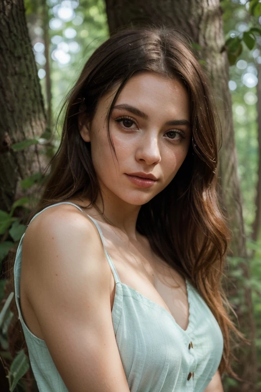 (((professional model shoot)) (((highly detailed)) (Cinematic, emotional:1.3), (dynamic pose:1.2), (complex image:1.2), Portrait in forest, mother nature style leaves, hair made of green leaves, dreamlike, UHD, forest goddess, fairy, dark green clothing, forest, falling leaves, particles, best quality, pose, upper body, looking at the viewer, tetroilluminated, rimlight, beautiful artwork, perfect composition. 8k surreal, Arafed young woman of approximately 18 years is in the picture fused with nature, an emobodyment of a real life mother nature, (plants covering body:0.6), enchanted forest, swirling vines, vibrant colors, floating petals, dreamlike atmosphere, perfect lighting, perfect shadinasterpiece, award winning, sidelighting, (finely detailed beautiful eyes: 1.2), hdr, (off angle), ((analog style)), (photorealistic:1.6), thick lips, amazing thick green eye lashes, clear vibrant green eyes,long lumious green flowing hair highly detailed.