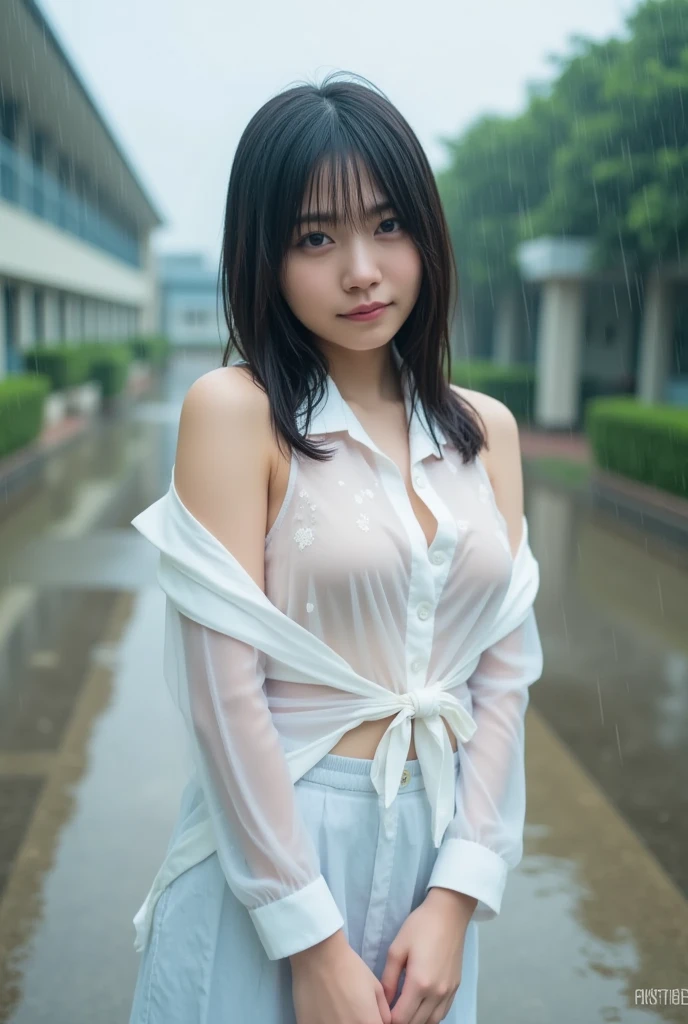 NSFW、最high quality、high quality、Best image quality、8K、最High resolution、High resolution、masterpiece、Detailed and realistic human body、Detailed and realistic skin、Realistic face in every detail、Realistic reproduction of every detail、Detailed and realistic lips、Detailed and realistic teeth、Detailed and realistic ears、Detailed and realistic hair、Detailed and realistic weapons、Realistic reproduction of every detail、Realistic fingers in every detail、(Beautiful Hands、thumb1reference4)、Realistic feet down to the last detail、Realistic breasts down to the last detail、Realistic areola down to the last detail、Realistic nipples down to the last detail、Realistic pussy down to the last detail、((Realistic pubic hair down to the last detail:1.3))、((Beautiful Japanese Girl))、(Japanese Model)、((Cute Japanese Girl))、((Beautiful 18 year old girl))、(Black Hair)、(Straight hair)、(Random Hairstyles)、((whole body))、((Beautiful upward-facing breasts))、(Slim and perfect figure)、(whole body光沢肌、Fair skin)、((Full nude、All nude appearance))、((暗い cold stormy weather))、((Pouring rain))、((In the Storm))、((School Playground))、((Pouring rainの中(A girl standing in the center of the schoolyard))、((Colorful transparent vinyl(Raincoat))、((裸の上からRaincoatを羽織る))、((Pouring rainを浴びて(Soaked skin from head to toe))、((Rain dripping from the skin))、((Raincoatを通して彼女の裸体姿がはっきりと見える.))、((彼女の裸体にピッタリと張りつくRaincoat))、((Raincoatから滴る雨水))、((Crowd in the background、There is an audience(The crowd stares at her with disdain.))