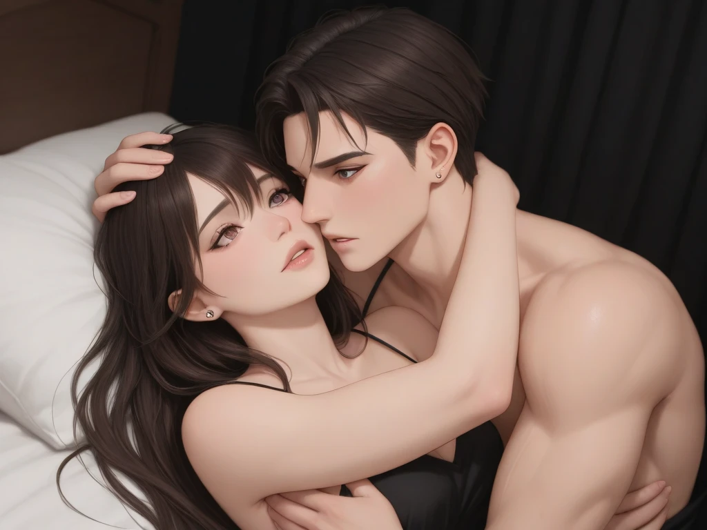 girl and boy, cuddle, boy cudding girl, Girl long brown hair, gray eyes, sharp features, white skin, cherry lips, naked, detailed breast, naked, sex position, sex