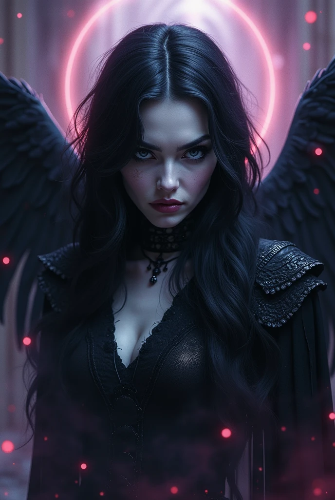 A dark and mysterious black Apsara floating in a hellish landscape, (best quality,4k,8k,highres,masterpiece:1.2),ultra-detailed,(realistic,photorealistic,photo-realistic:1.37),exquisitely detailed Apsara, HUGE BREASTS AND CLEAVAGE,flowing black robes, beautiful detailed eyes, beautiful detailed lips, extremely detailed face, dark and brooding expression, dramatic lighting, dark and ominous background, hellish environment, (dark fantasy,horror,occult:1.2),deep shadows, dramatic lighting, moody colors, (dark,gloomy,moody:1.1),intense atmosphere