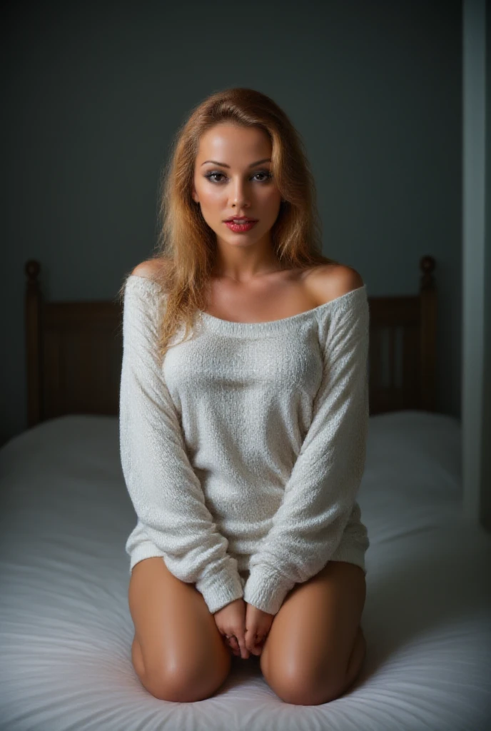 Shy top model 21yo girl sitting, full body, pronounced knees, light wavy blond hair, standing, correct anatomy, wool short sweater, no panties