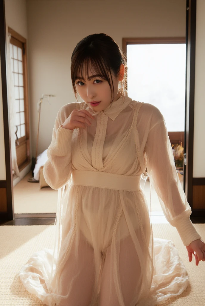 Japanese Beauty、Brown Hair、Pitch-Dark Room、Japanese-style room、Yukata at a Ryokan、barefoot、White panties、Yukata comes off、Sleeping on your back