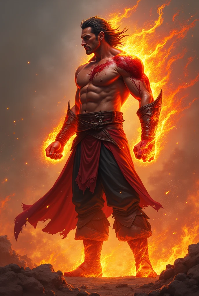 A 2 man, arcane sorcerer doctor of chaotic magic. In attack position. His body is pale white, light gray eyes, short wavy blonde hair, muscular and tall and robust and toned. With scarlet energy around, and scarlet energy emanating from his hands.