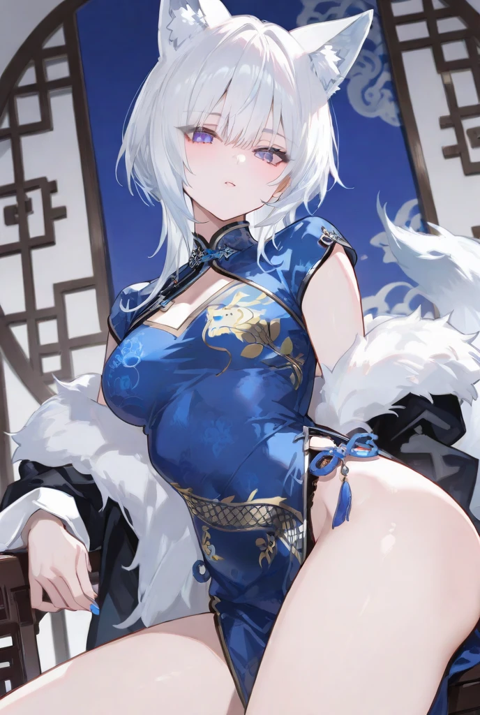 _asura style, 1girl, breasts, solo, cleavage_cutout, red_hair, hair_over_one_eye, virtual_youtuber, dress, black_hair, clothing_cutout, cleavage, large_breasts, holding, multicolored_hair, long_hair, thighs, looking_at_viewer, smile, china_dress, hair_bun, double_bun, bun_cover, white_dress, mahjong_tile, chinese_clothes, streaked_hair, mahjong, bare_shoulders, earrings, jewelry, ear_piercing, sitting, off_shoulder, tassel, bangs, piercing, blue_eyes, hand_up, closed_mouth, alternate_costume, sleeveless, bare_legs