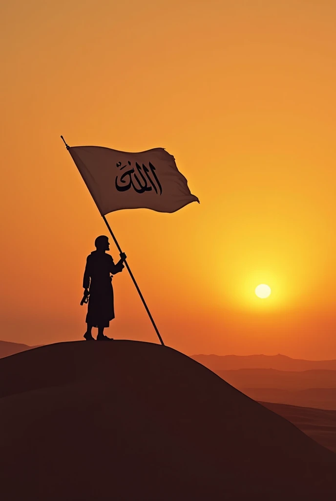 A man holding a black banner with the words 'There is no god but Allah' and 'Muhammad peace be upon him' written on it, and holding a weapon, stands in a desert on top of a mountain, with planes flying in the sky and sparks in the background