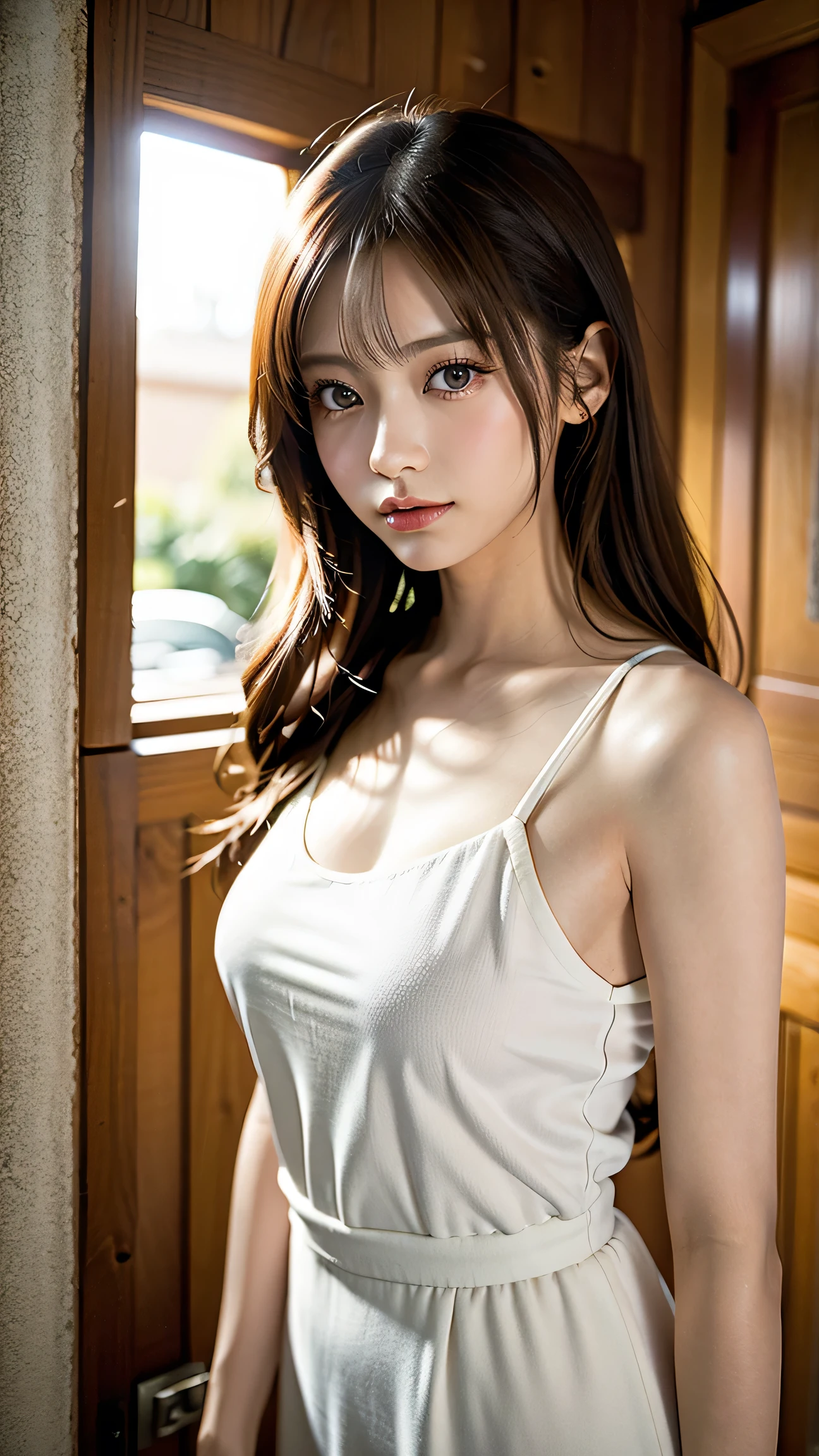 Natural strawberry blonde and redhead girl with cute face, Cute Pose, Happy wearing a white button shirt, petite body, skinny, Atmospheric, dark ambiance, Edge lighting, Facial features of Mao Akiyama and Aya Yamamoto and Tamarina Matsui and Asuka Saito and Mao Akiyama, 8K, , Full body portrait, Elegant, Natural lighting, Spooky greenhouse at night, Sharp Focus, Very detailed face, Beautiful face, Smiling, Happy, 64k uhd, nffsw, B Cup, Beautiful soft skin, Vivid skin, Photorealism,Unbutton a white shirt,
