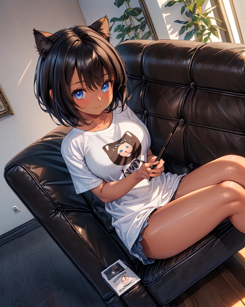 Create a high-quality, detailed image of a beautiful, anime cat girl and short hair, beautiful eyes, sitting at her gaming PC in her gaming room. She is wearing a see through shirt, barely showing her nipples, and sleep shorts, showing her midriff, highlighting her stunning curves. The warm, inviting scene includes soft ambient lighting, comfortable seating, The setting is illuminated by a small lamp, creating a serene and intimate atmosphere