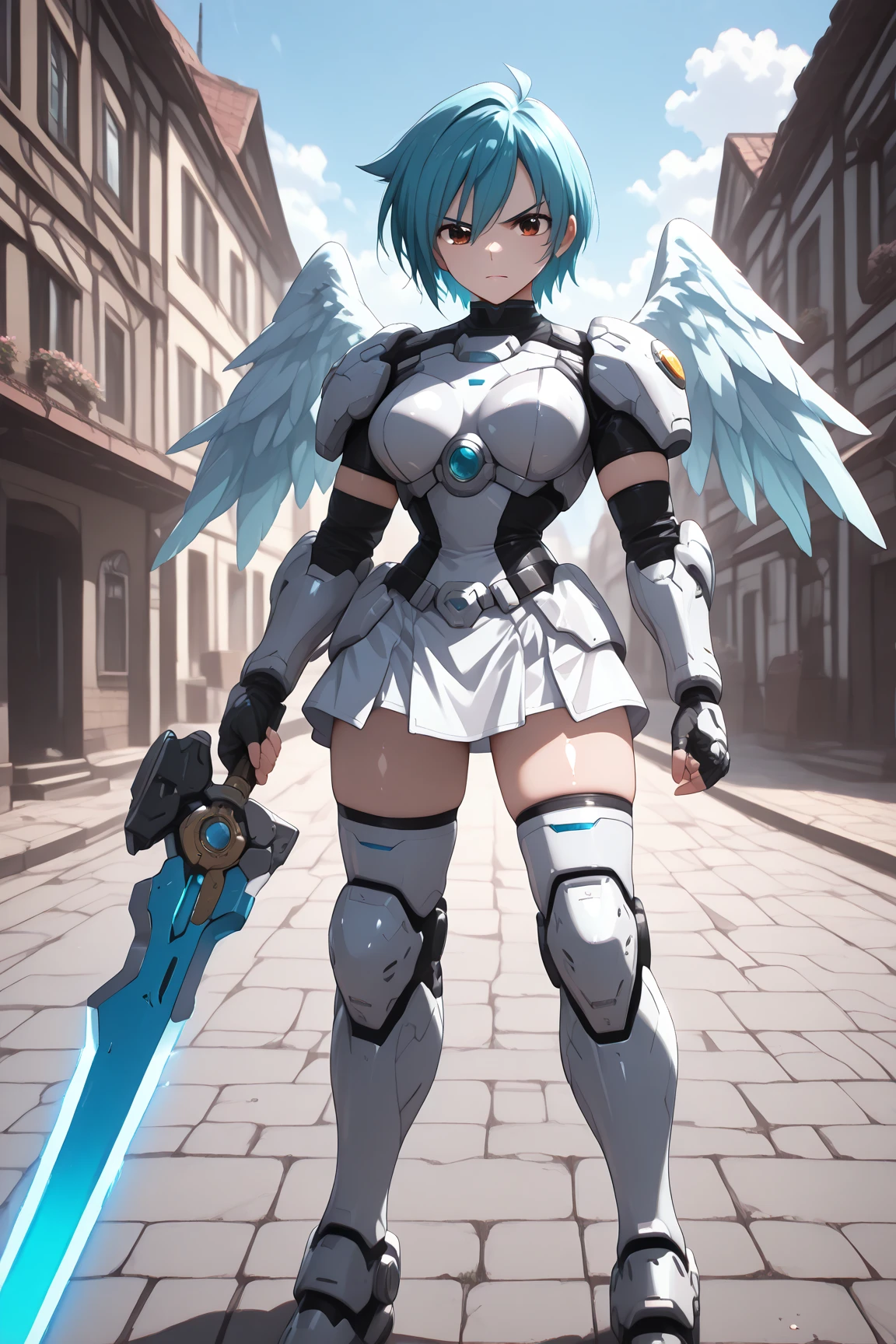 (highest quality)), ((masterpiece)), (very detailed: 1.3), 3D, {(1 girl)}, (wear dark blue Old School Swimsuit under armor:1.2), unarmored waist, wears a futuristic white Gundam mecha,(Gundam), with headgear, with v-fin , armored shoulders,armored under arms, armored under legs, dark blue Old School Swimsuit, multilayer textureperfect proportions, octane rendering, duotone lighting, Low ISO, wide aperture, White balance, Rule of thirds, ultra HD16k, HDR (High Dynamic Range), Ray Tracing, NVIDIA RTX, Super Resolution, Subsurface Scattering, PBR Texturing, Post Processing, Anisotropic Filtering, Depth of Field, Maximum Clarity and Clarity, High efficiency subpixel, subpixel convolution, particles of light, light scattered, Tyndall effect, full body:1.5, battle pose, cute, (cute:1.2), (bob cut:1.3),三つ編み, 黒髪, 太い眉毛, 薄い色の虹彩, 大きくて輝いている黒い瞳, 長いまつげ, 小さく薄い色の自然な唇, (Average face of Japanese idols), (日本人特有の童顔:1.3), (baby face), 広いおでこ:1.2, ふっくらした頬, 小さな顎, Mechanical wing,Metal wings,Mecha wing,, On the calm waters of Iceland,looking at viewer,Focus on the eyes
