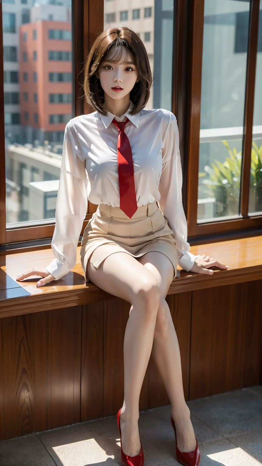 8K raw photo, Best quality, masterpiece, ultra high res, natural skin texture, realistic eye and face details,(looking at viewer, facing viewer), full lips, lipstick, red eyeshadow, beautiful legs, tall female, skinny, thick thighs, 1girl, solo,school uniform ,shirt,white pantyhose, sitting