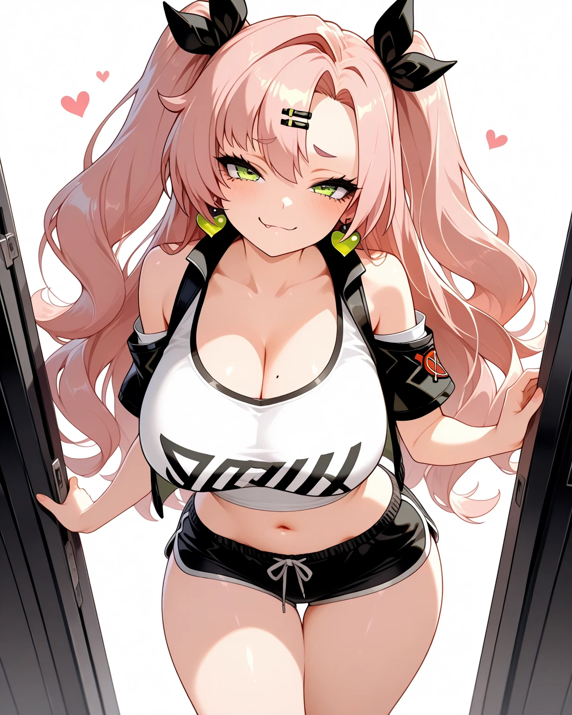 masterpiece, best quality, 1girl, (pink hair long hair, detailed hair, cat ears, pink eyes:1.3), cute, bedroom, (black hair ribbons, t-shirt, tight shorts:1.3), (gigantic breasts, underboob:1.1)