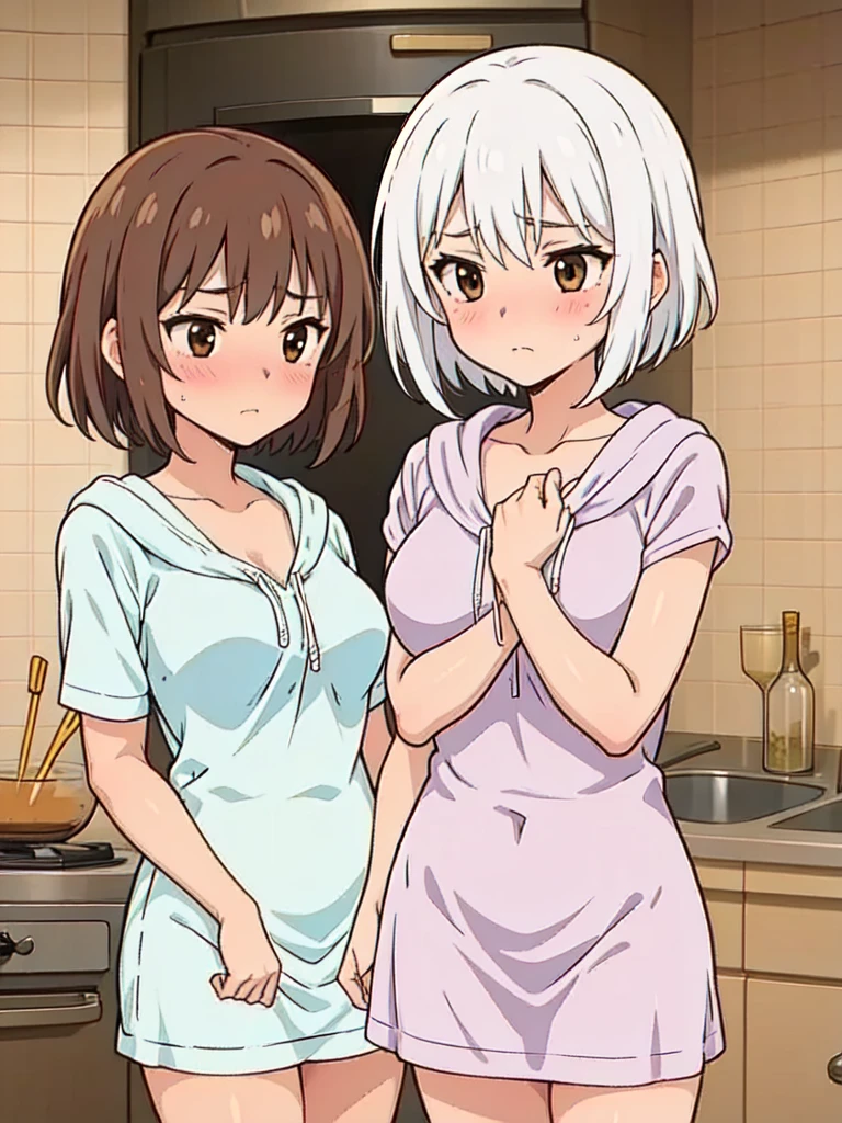 (Feminization、cheerleaders、makeup)、(masutepiece, Best Quality)、blushed、Embarrassed face、Teary-eyed、short-hair、full body Esbian、feminine breasts、ligh brown hair、Shiny skin、(1girll: Naughty blush, Sweat flows)