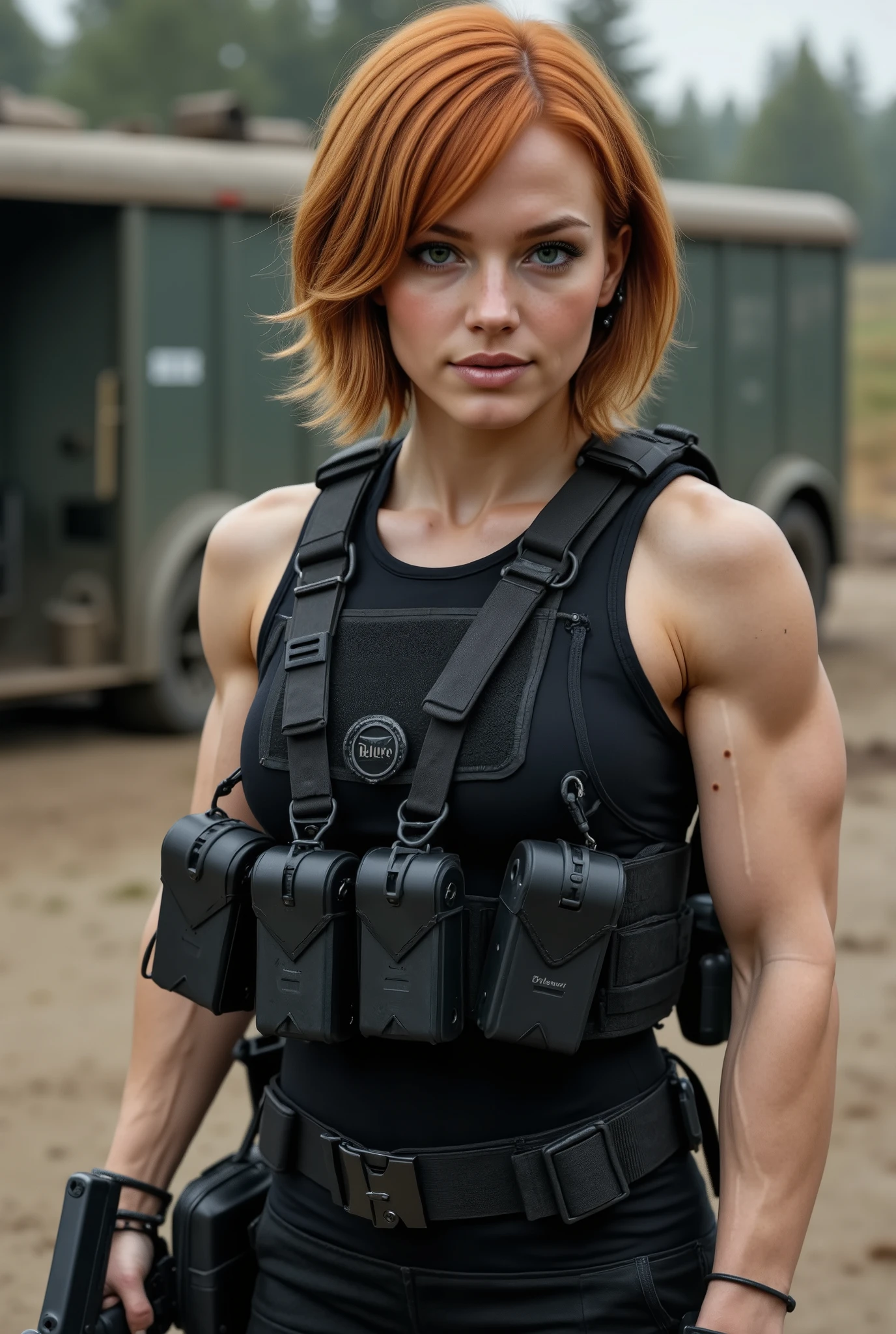A stunning skinny fashion model in full black military gear with tactical vest, utility belt, handgun holster on her side, comm's device, and she is holding a military handgun. She has short shoulder length ginger hair. Her expression is confident. The image is ultra high-definition with physically based rendering, detailed textures. Standing in a warzone. (black military tactical gear:1.9), black ear comms device, (black utility belt:1.5), (muscular biceps), (Glock-19 in hand:1.5), (bright ginger red hair), (green eyes:1.7), sleeveless shirt