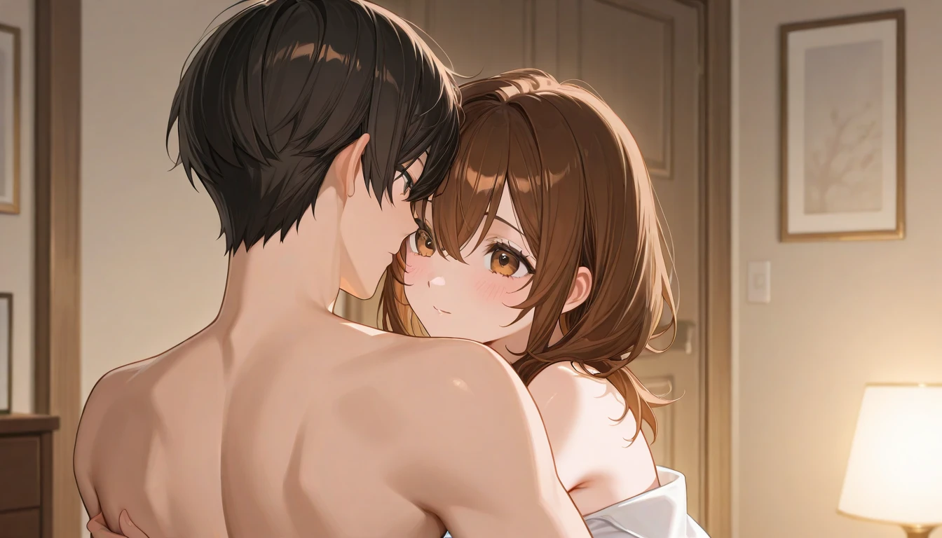 Highest quality, High resolution, masterpiece, (Beautiful Eyes), (Fine grain), Detailed face, kumiko oumae, Brown eyes, Brown Hair, short hair, Wavy Hair, Expressionless, blush, indoor, bedroom, whiteいベッド, (Wide pelvis:1.5), (Thick thighs), (white_bra:1.5), (white_Panties:1.5), (3A boy is hugging), nsfw