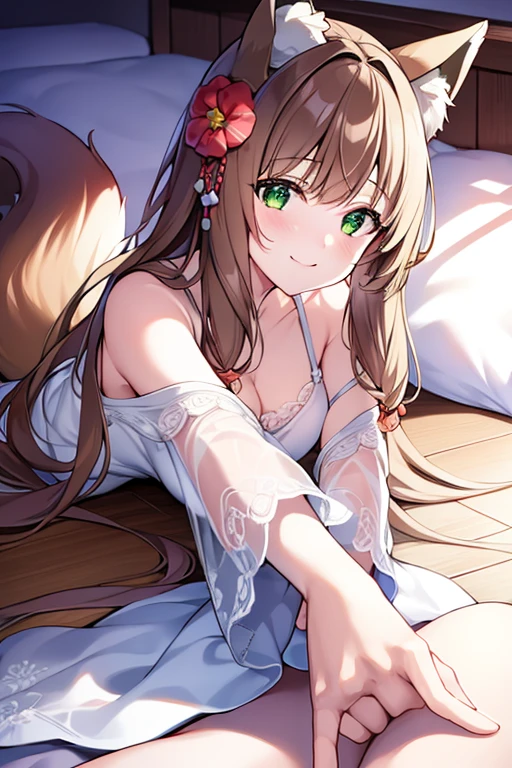 tmasterpiece,Highest high resolution,8k wallpaper,Highest drawing quality,1girll,Solo,(Huge fox tail),Brown hair long,Green eyes,Small flower headdress,21-year-old college student_C cup,Modern architecture, In the living room at home_Just came out of the shower,Sit on the sofa,The girl was not dressed_The girl was surrounded by a towel,