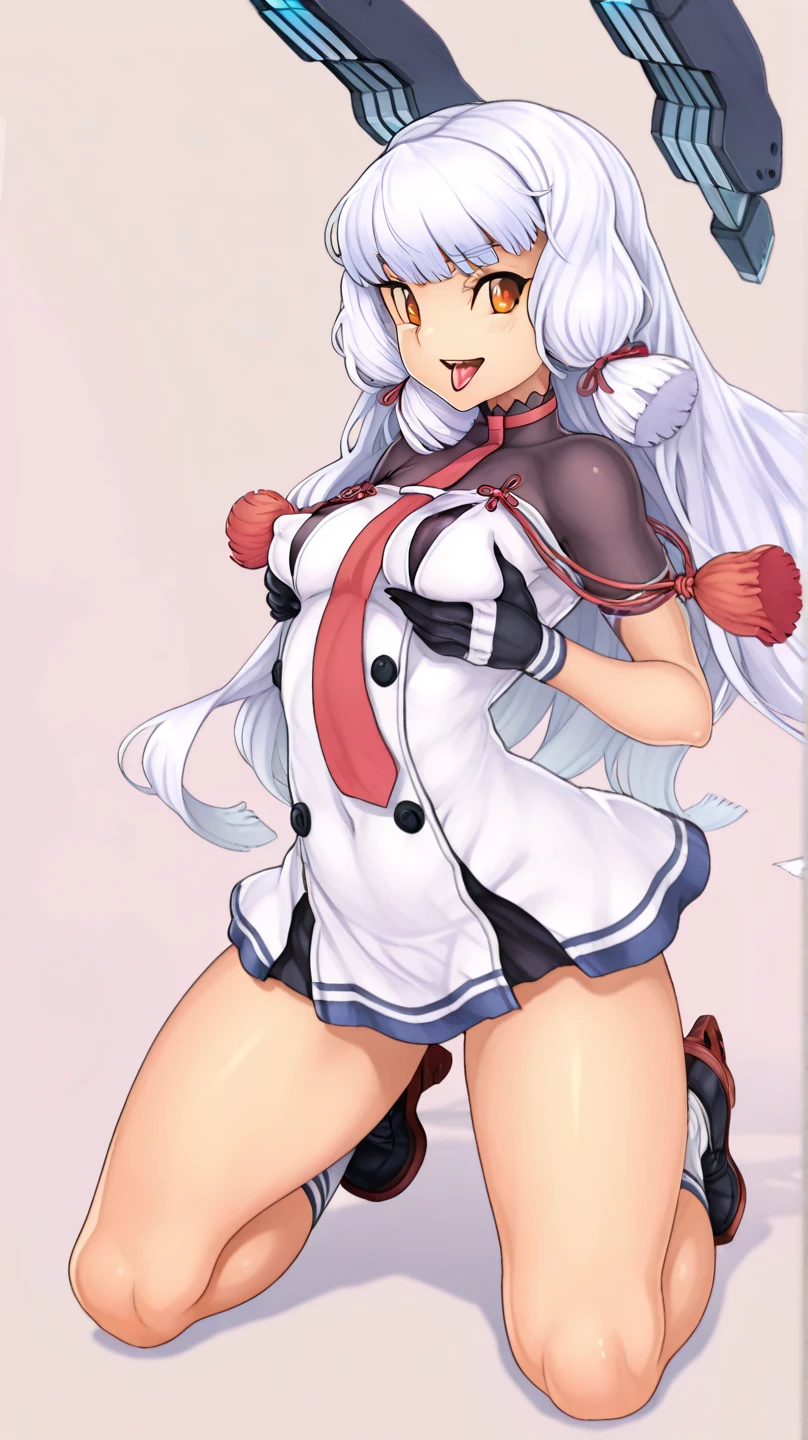 1girl in、独奏、masterpiece、top-quality、NSFW、Kashima OG、kashima、full body Esbian、white hair、Twin curls、beret、A smile、embarrassed from、red blush、Colossal tits、Bodysuits、highleg、Black High Socks、Brown loafers、Squatting on the ground、Open your crotch wide from side to side、Opening legs、stares at the camera、Facing the front of the camera、Open your mouth wide、fellatio_gesture、