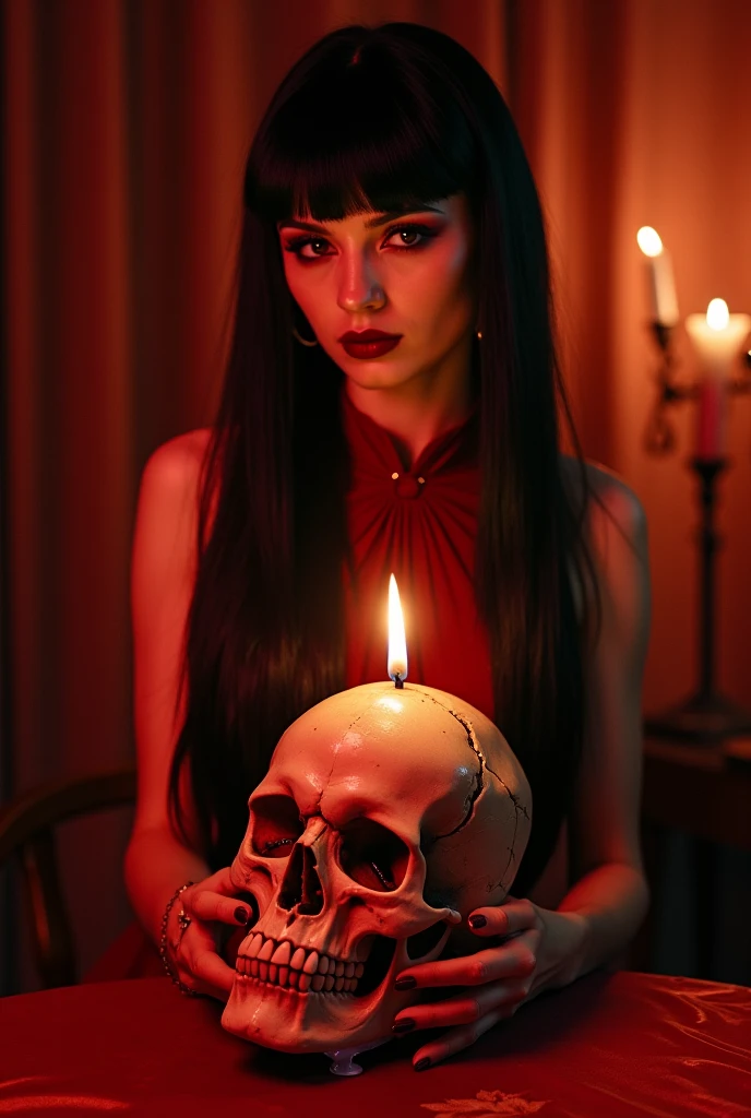 Transvestite man witchcraft ritual, candles, skulls, voodoo, blood ultra realistic image