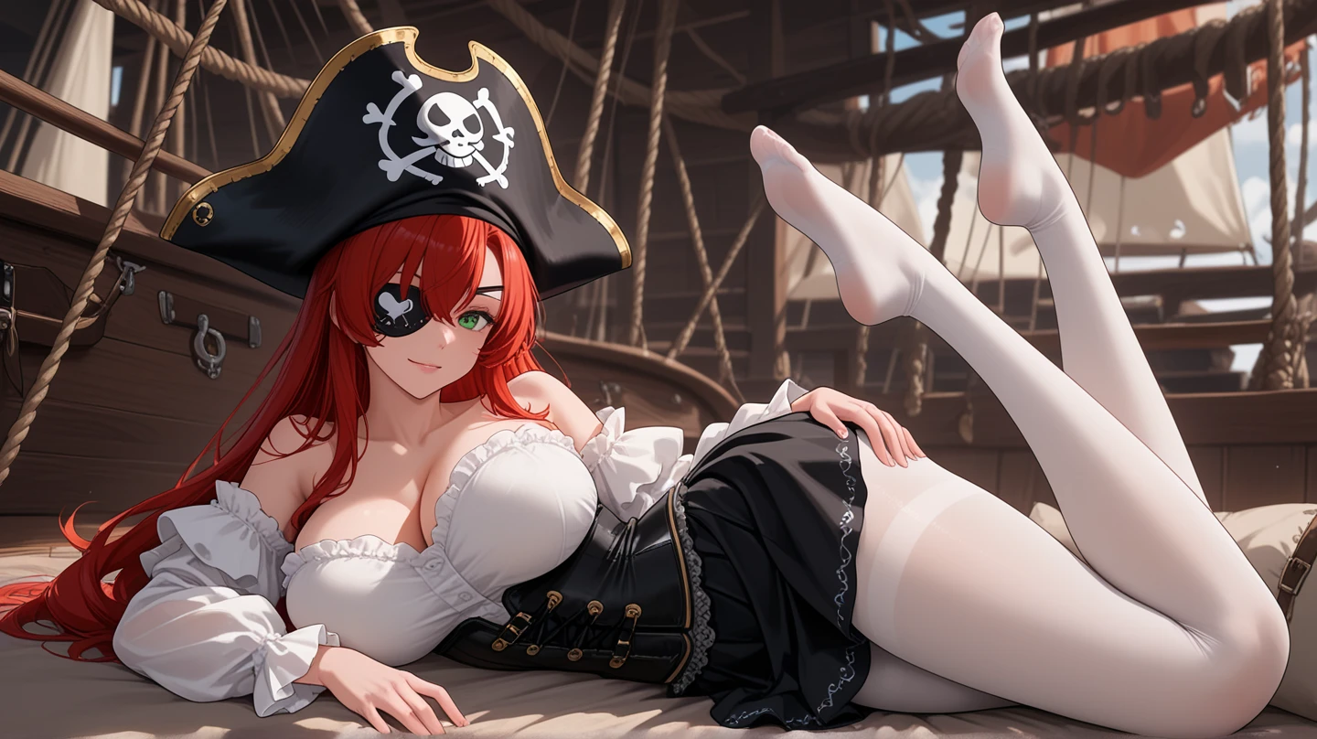 a girl ((naked)) ((WITH SHORT WAVY ORANGE HAIR)) dressed as a pirate in front of computer monitors typing at the keyboard (((with small breasts showing))) , (black collar around the neck)(with pirate hat) (in a dark room)(with black panties and black stockings)((full body))