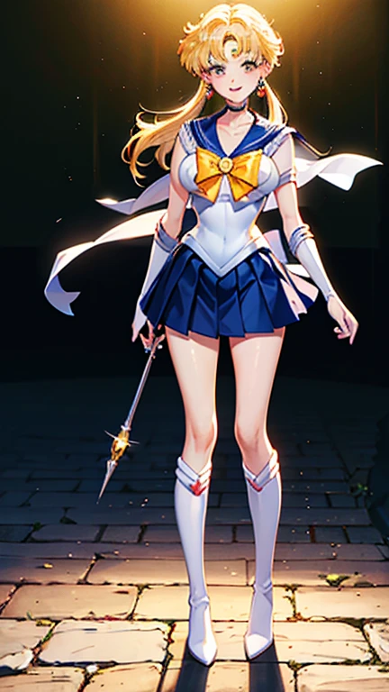 1 girl, ultra long hair, ultra detailed face, glowing lips, glowing blue eyes, very long ponytail, elegant walk, catwalk, holding down a giant katana, blonde, long eyelashes, long boots , looking to the sky, starry sky, a ultra giant katana