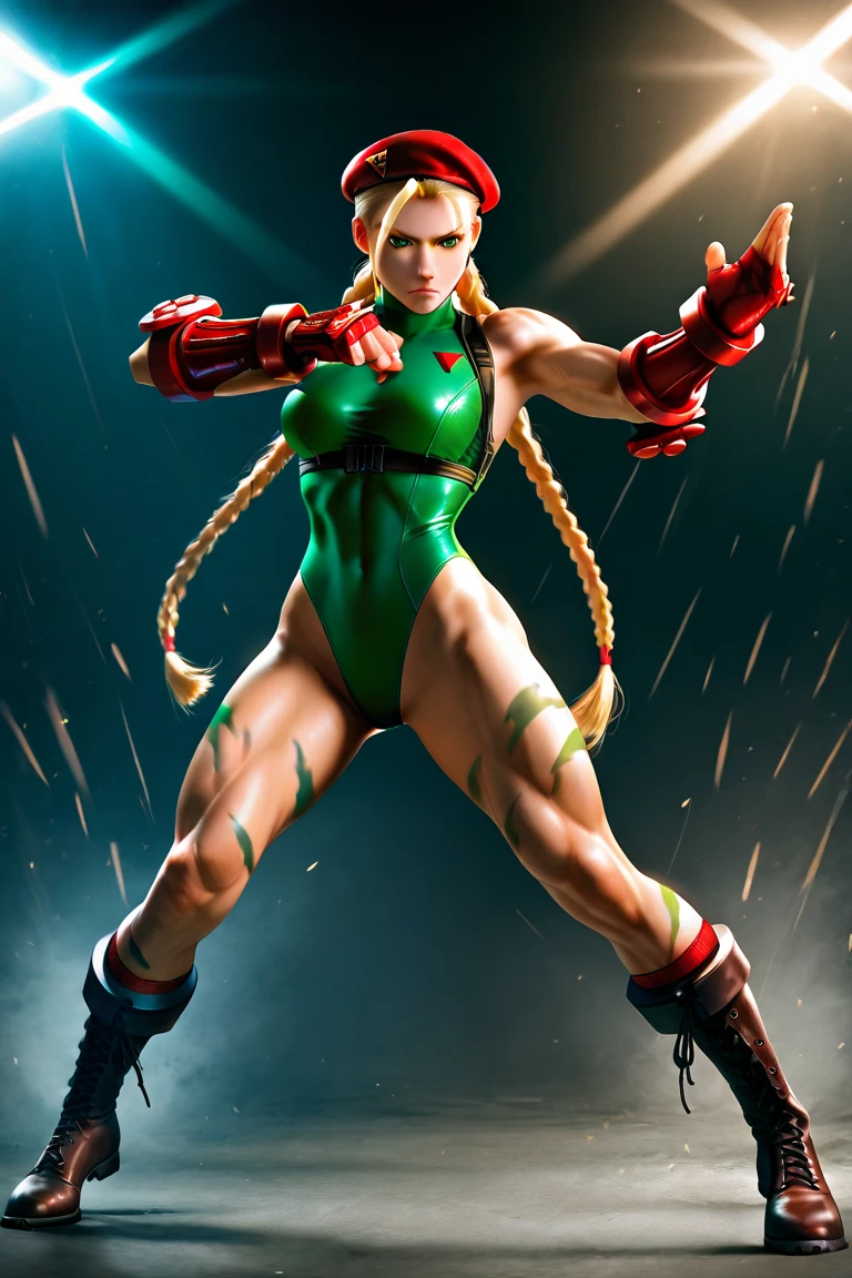Hyper realistic super detailed y Cammy, Very detailed, (hyper realistic: 1.4), ((Hot body, in dynamic combat pose, angry face)), ((cam, Classic green suite, twin braids, long hair, blonde hair, blue eyes, scar on cheek, green leotard, large breasts, sle, red gloves, fingerless gloves, camouflage. (((army background))).