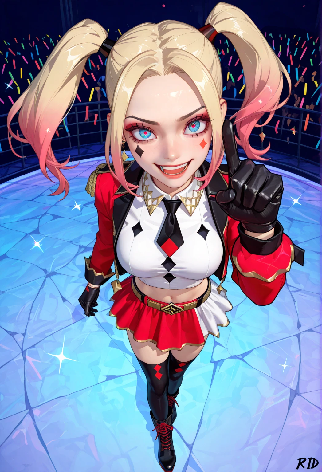 Harley Quinn, 1 girl, very aesthetic, detailed portrait, beautiful detailed eyes, beautiful detailed lips, extremely detailed face, long eyelashes, colorful outfit, red and blue pigtails, clown makeup, mischievous expression, dynamic pose, cinematic lighting, vivid colors, photorealistic, 8k, best quality, highly detailed, intricate details, concept art