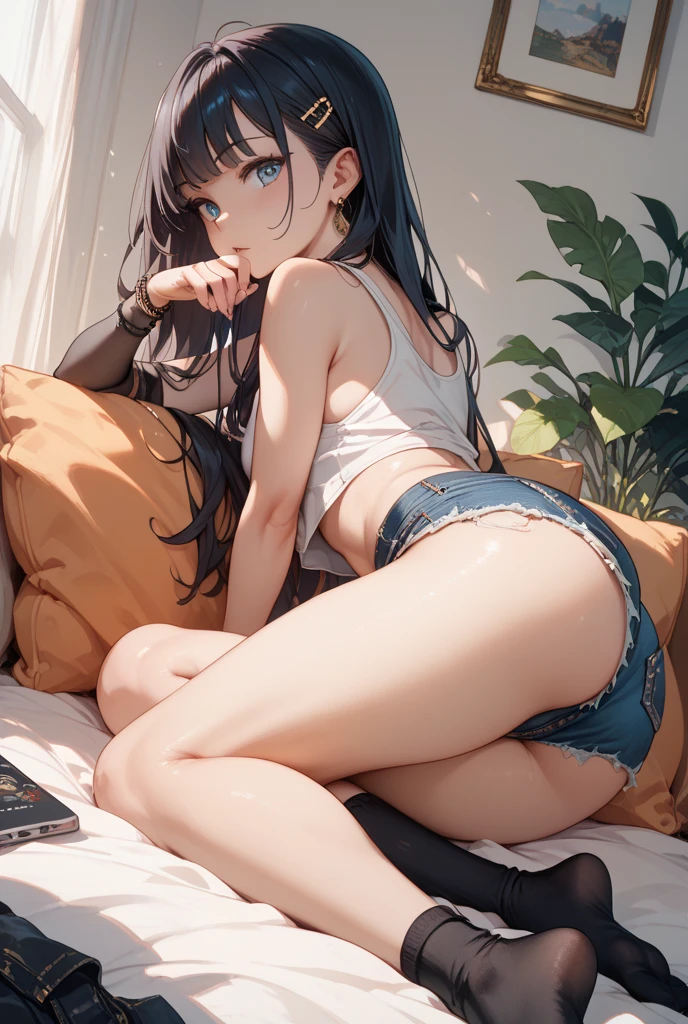SNFW,masterpiece, Highest quality, Very detailed, High resolution,Perfect Vagina,Excellent anatomy,Anatomically correct vagina 1 girl,Long black hair,Her eyes are blue and clear,Small breasts,Only wearing a bra and panties,Sitting with your back turned in bed,Put your arms behind your back,grasping the back with both hands,Trying to remove her bra,It's hard to remove,Embarrassing,blush
