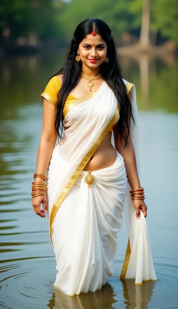 An young indian woman is wearing sexy thin blouse and saree, walking on path on grassland, detailed body and face, ultra quality, looking staright to the camera, big belly, 8k, ambient lighting, detailed background, photorealistic, cute, ultra quality