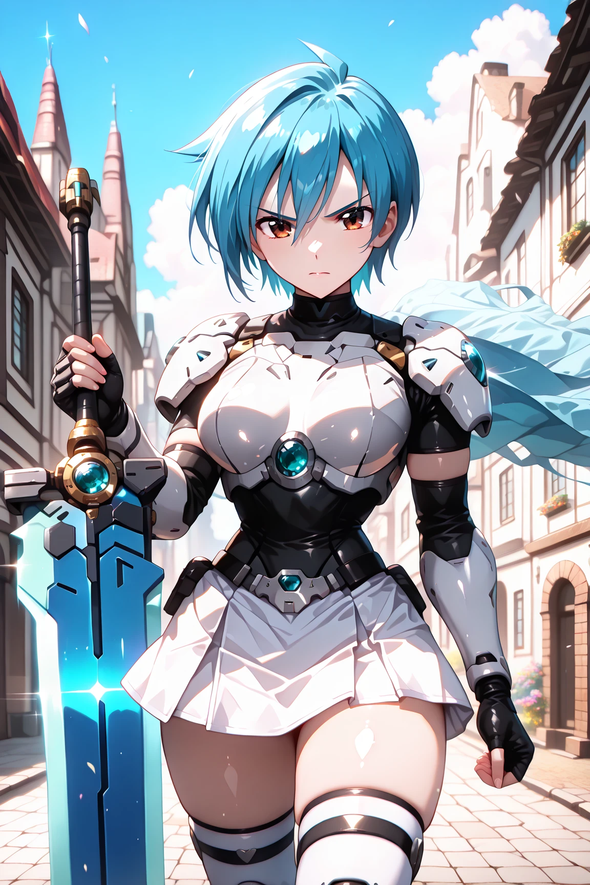 highest quality、complete limbs、full finger、Woman with light blue hair、Very Shorthair Woman、Beauty busty woman:1.3、female knight、full armor、((Light blue high-neck leotard:1.3))、big smile、woman wearing brown tights、castle town、squirt、Hands on hips、sexy pose