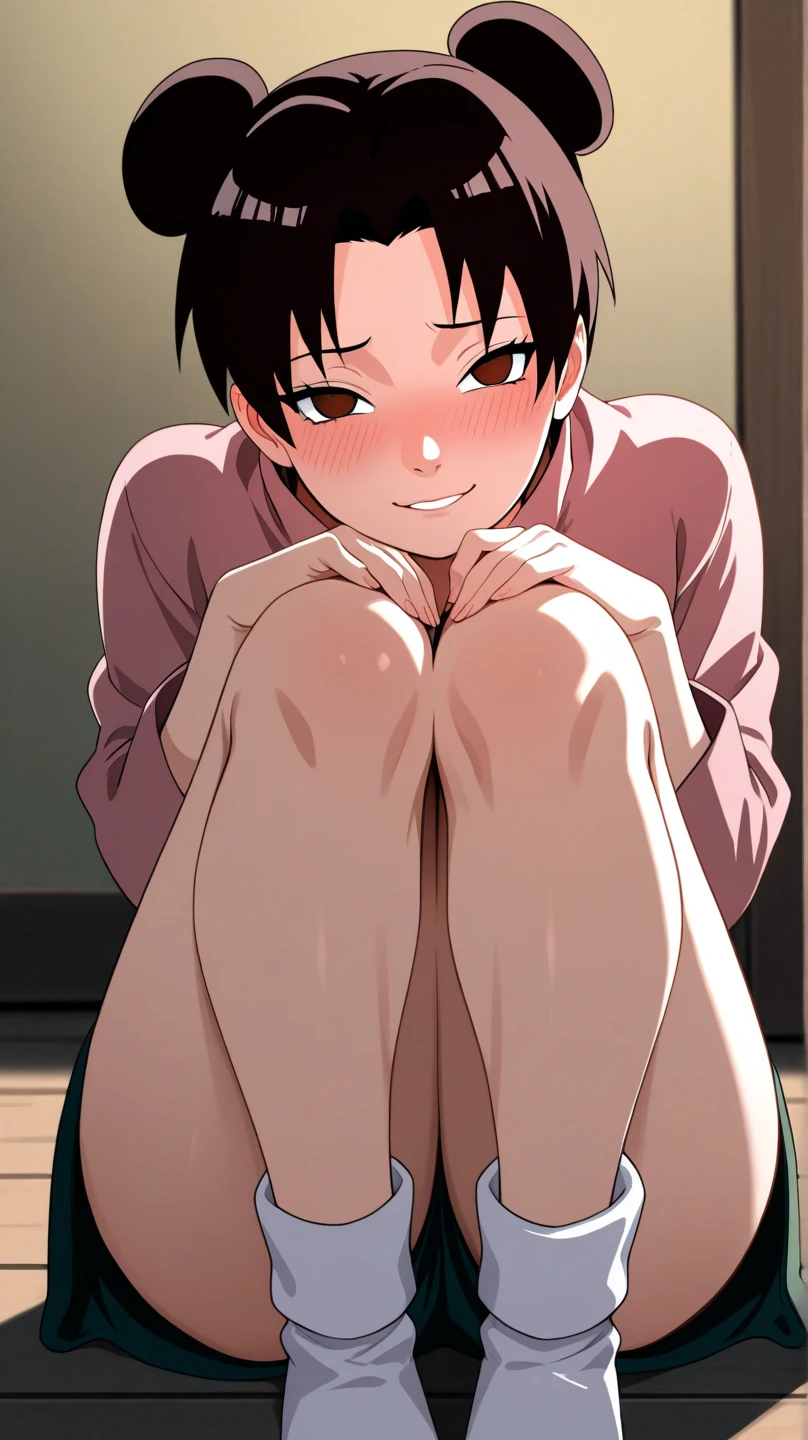 Zenko, 1girl, black hair, (sanpaku:1.2),hair ornament, hairclip, black eyes, short hair,indoor,bed room,Confused eyes,masterpiece, expensive quality,very_expensive_solve, big_file size, full color,(completely nude:1.2),pussy,niplles,flat chest,toddler,night,closed mouth,smile,: >,
