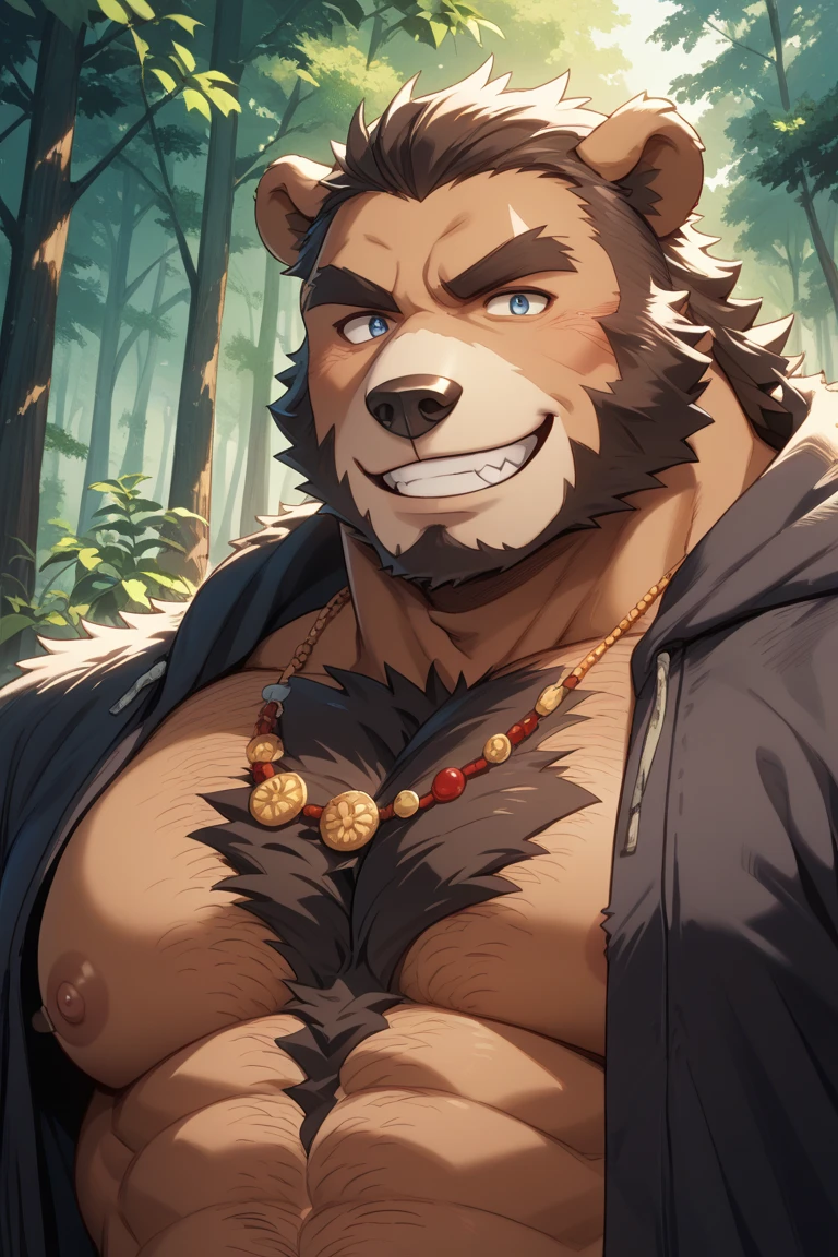 (masterpiece)，(Very detailed)，(best quality)，hairy，Adult Black Dragon，Black fur，Chubby body，Orange pupils，In the forest at dusk，(Strong body)，(Wear a fig leaf)，(whole body)，(blush:1.1)，((Expression))，(high quality)，(Ultra HD)，(Extremely detailed)