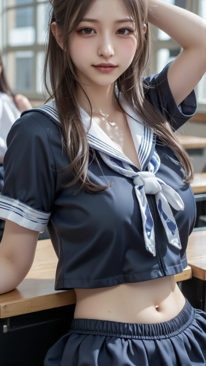 NSFW, highest quality、masterpiece、Gravure quality、8K, japanese woman、18-year-old、whole body、naked、Just a sailor uniform collar and a scarf around my neck、pinch your nipples、beautifully styled hair、thin、super huge breasts、White skin with increased luster、White cuffs、Boyish and innocent face、super detailed white cotton panties、white short socks、take a pose、perfect composition