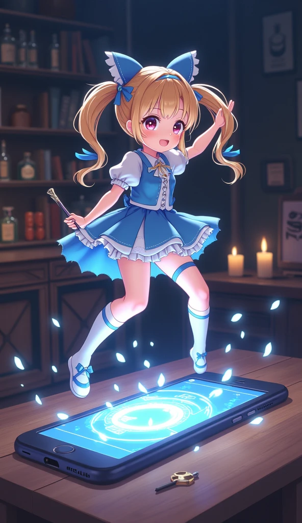tiny magical girl, being sucked headfirst into a smartphone, standing on top of the phone, now upside down, only her legs and lower body remain outside, her  stuck in the phone opening, her blue and white striped panties clearly visible, legs kicking in the air, flailing, upside-down pose, cute and comical expression, frilly magical girl outfit, twin tails, white thigh-high socks, tiny magical wand dropped nearby, glowing magical circles and runes spilling from the phone, large wooden table, dark witch's room, potion bottles, candles, spellbooks, soft magical lighting, vibrant colors, anime style, 2D illustration, dynamic low angle, looking up from below
