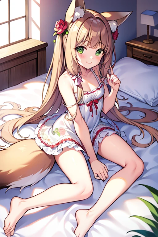 (masterpiece, best quality, high resolution), 1 girl, alone, (Big soft fox tail),A pair of fox ears,Green-eyed,(long brown hair),small flower headdress, (9 _cute loli),small ,moro liberation front,On the sofa at home𥚃,The body sleeps in a curled position like a kitten,sleep,Look down from above,