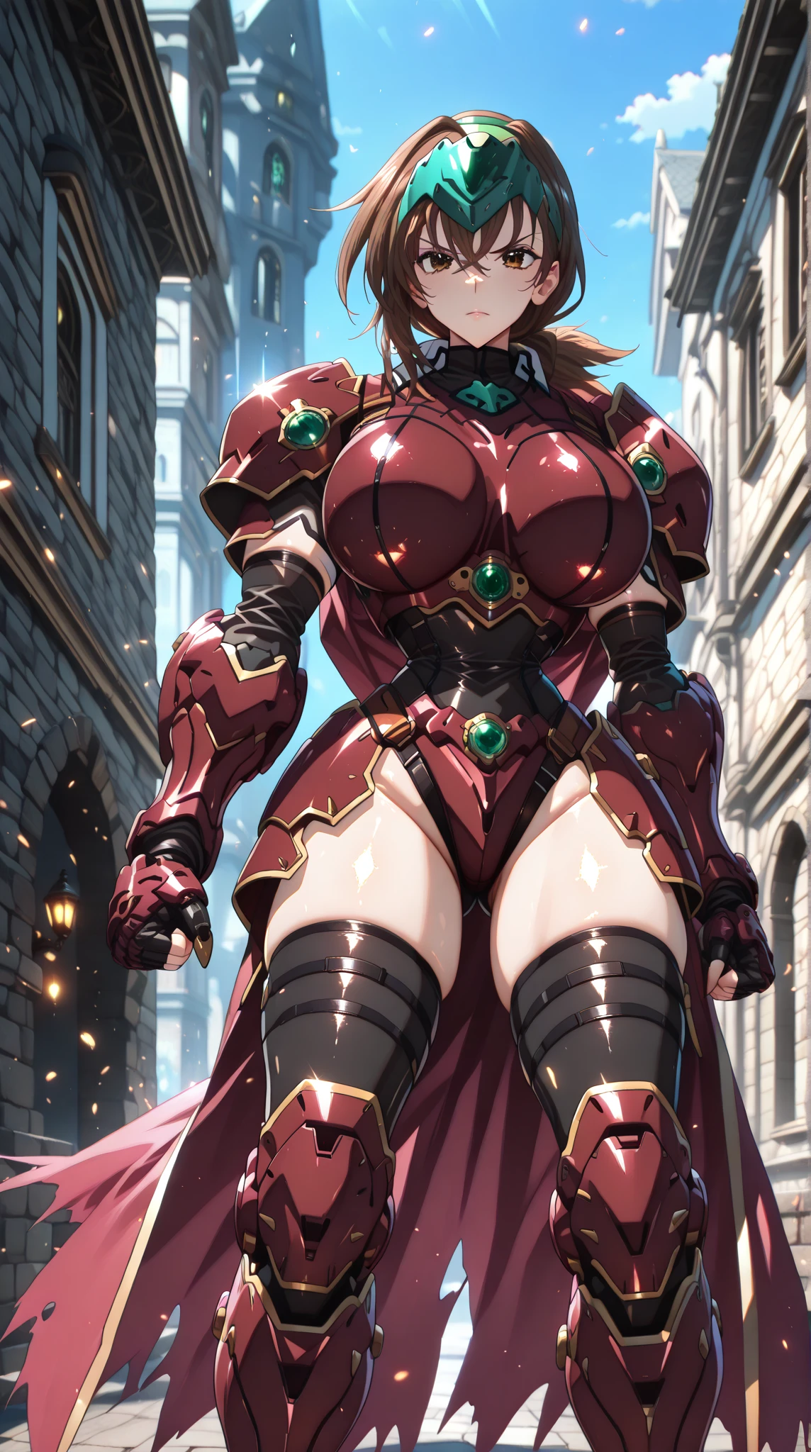 (Original Character,8k, Masterpiece, Best Quality,Detailed, solo),mature female,tall, fine skin,cleavage,cowboy shot,light green hair,ponytail hair,((hair 2antennas)),standing a road in city,((red armor)),crossed arms,black pantyhose, angry face,smile,closed eyes